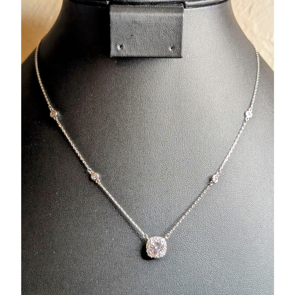 Marked LBOS CZ Crystal Silver Tone 15.5-17.5" Necklace